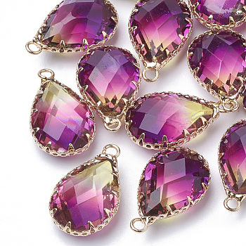 K9 Glass Imitation Tourmaline Pendants, with Golden Tone Brass Findings, Faceted, teardrop, Purple, 23x13.5~14x8mm, Hole: 2mm