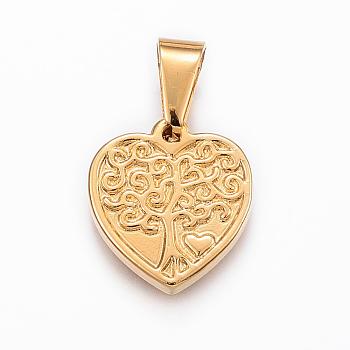 304 Stainless Steel Pendants, Heart with Tree, Golden, 18.5x17x3mm, Hole: 9x5mm