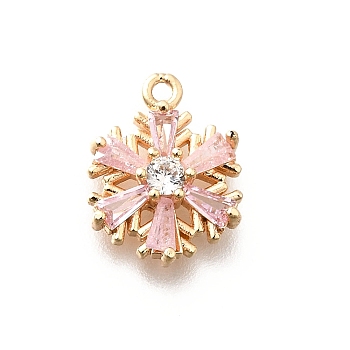 Christmas Brass Micro Pave Cubic Zirconia Charms, Snowflake, Real 18K Gold Plated, Pink, 13x10x3.5mm, Hole: 1mm