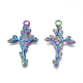 Ion Plating(IP) 201 Stainless Steel Pendants, Cross with Flower, Rainbow Color, 30x18.5x1.5mm, Hole: 1.8mm