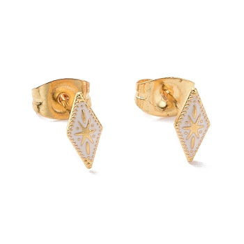 Enamel Rhombus with Star Stud Earrings with 316L Surgical Stainless Steel Pins, Gold Plated 304 Stainless Steel Jewelry for Women, White, 8.5x4mm, Pin: 0.7mm