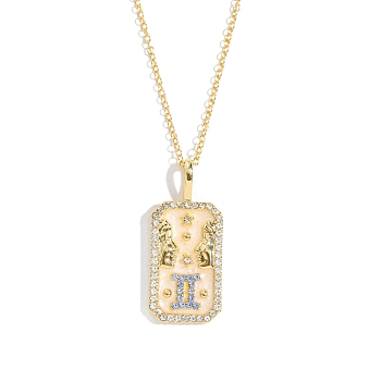 Brass Micro Pave Cubic Zirconia Rectangle with Constellation Pendant Necklaces, with Enamel, Cable Chain Necklace for Women, Gemini, 15-3/4 inch(40cm)