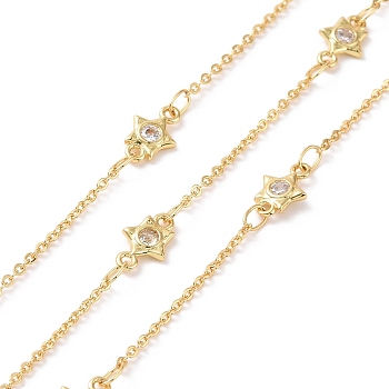 Clear Cubic Zirconia Star Link Chains, with Brass Cable Chains, Unwelded, with Spool, Cadmium Free & Nickel Free & Lead Free, Real 18K Gold Plated, 9x6x1.5mm