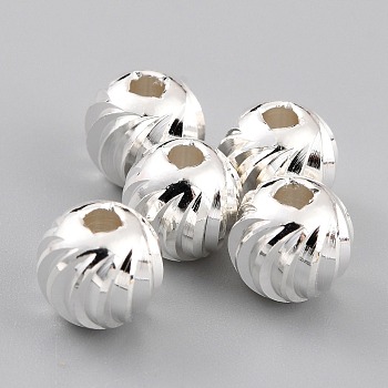 Brass Beads, Long-Lasting Plated, Corrugated Round, 925 Sterling Silver Plated, 8x7mm, Hole: 2mm