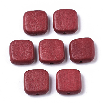Painted Natural Wood Beads, Square, Crimson, 16x15x5.5mm, Hole: 1.5mm