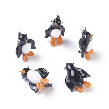 Handmade Lampwork Pendants, Penguin, Black, 24~32x17~20x12~20mm, Hole: 2~4mm
