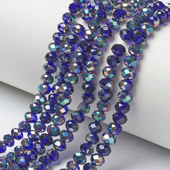 Electroplate Glass Beads Strands, Half Plated, Rainbow Plated, Faceted, Rondelle, Blue, 4x3mm, Hole: 0.4mm, about 123~127pcs/strand, 16.5~16.9 inch(42~43cm)