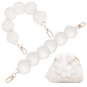 Fluffy Short Bag Straps, Alloy Decorative Chain with Swivel Clasp & Imitation Plastic Pearl, White, 30x3.5cm