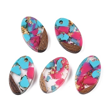 Transparent Resin and Walnut Wood Pendants, Oval Charms with Gold Foil, Deep Pink, 22x12.5x3.5mm, Hole: 2mm