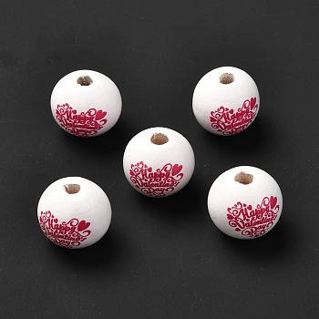 Printed Wood European Beads, Large Hole Beads, Round with Word Happy Valentine's Day Pattern, Dyed, White, 16x15mm, Hole: 4mm