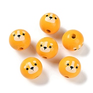 Animal Themes Printed Wood European Beads, Large Hole Round Beads with Dog Pattern, Orange, 19x18mm, Hole: 4mm(WOOD-M013-01A)