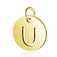 304 Stainless Steel Charms, Flat Round with Letter, Golden, Letter.U, 12x1mm, Hole: 2.5mm(STAS-S105-T514G-U)