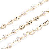 Handmade Brass Beaded Chain, Coffee Chain, with CCB Plastic Beads, Long-Lasting Plated, with Spool, Unwelded, Light Gold, White, oval: 8.5x7x1.5mm, bead: 12x6x5mm, 32.8 Feet(10m)/roll(CHC-M021-30LG-B)