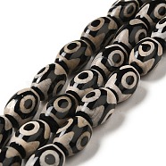 Tibetan Style dZi Beads Strands, Natural & Dyed Agate Beads, Rice, Black, 3-Eye, 13~14x9.5~10mm, Hole: 1.4mm, about 25pcs/strand, 13.58 inch(34.5cm)(G-F726-A02)