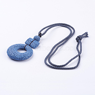 Lava Rock Pendant Necklaces, with Cotton Cord, Dodger Blue, 15.1 inch(38.5cm)(NJEW-P181-H05)