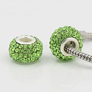 Grade A Rhinestone European Beads, Large Hole Beads, Resin, with Silver Color Plated Brass Core, Rondelle, Peridot, 15x10mm, Hole: 5mm(CPDL-H001-15)