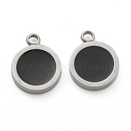 Fashion 304 Stainless Steel Enamel Charms, Flat Round, Black, Stainless Steel Color, 13x10x2mm, Hole: 1.8mm(STAS-Z009-14P)