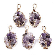 Natural Amethyst Pendants, Light Gold Tone Brass Wire Wrapped, Tree, Oval, 38~39x18~19x6mm, Hole: 4mm(G-T131-95)