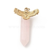 Eagle Natural Rose Quartz Pointed Pendants, with Ion Plating(IP) Platinum & Golden Tone 304 Stainless Steel Findings, Faceted Bullet Charm, 39.5mm, Eagle: 25.5x12.5x1.6mm, Bullet: 33.5x8x8.5mm, Hole: 3.4mm(G-I333-04G)