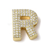 Brass Beads, with Clear Cubic Zirconia, Letter R, 20x16.5x5.5mm, Hole: 4.5x2.5mm(KK-D098-04R-G)