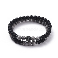 Stretch Bracelet Sets, Bracelets with Natural Netstone Beads, Non-Magnetic Synthetic Hematite Beads, Natural Black Agate(Dyed) Beads and Rack Plating Brass Cubic Zirconia Beads, 2-1/8 inch(53mm), 2pcs/set(BJEW-JB05028-04)