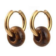 304 Stainless Steel Huggie Hoop Earrings, with 316 Surgical Stainless Steel Pin and Rondelle Natural Tiger Eye Beads, Golden, 25mm, Pin: 0.9mm(EJEW-JE04260-04)