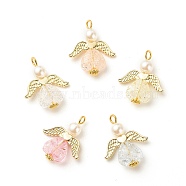 Transparent Acrylic Pendants, with Alloy Wing Beads & ABS Plastic Imitation Pearl Round Beads, Angel, Golden, 28mm, Hole: 4mm, Pendant: 24.5x20x6mm, Ring: 6x1mm(X-PALLOY-JF01568)