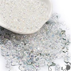 6/0 Inside Colours Fringe Glass Seed Beads, Teardrop, Clear AB, 4.5~5x3.5~4x4~5mm, Hole: 1mm, about 4000pcs/pound(SEED-A034-03K)