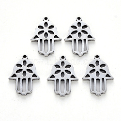 Tarnish Resistant Religion Theme, 201 Stainless Steel Pendants, Laser Cut, Hamsa Hand/Hand of Fatima/Hand of Miriam, Stainless Steel Color, 18x12x1.5mm, Hole: 1.2mm(X-STAS-N092-64)