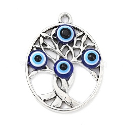 Tibetan Style Alloy Pendants, Tree of Life with Resin Evil Eye Charms, Antique Silver, Oval, 31.5x24x4.5mm, Hole: 2mm(PALLOY-JF02405-06)