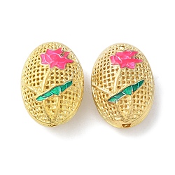 Rack Plating Brass Enamel Beads, Cadmium Free & Lead Free, Oval with Flower, Real 18K Gold Plated, Long-Lasting Plated, Hot Pink, 19.5~20x14~14.5x10.5m~11.5m, Hole: 1.6mm(KK-P276-26C-01G)