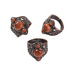 Synthetic Goldstone Retro Finger Rings, Adjustable Brass Rings for Women, 25.5mm, Inner Diameter: 19mm(RJEW-B067-01R-16)