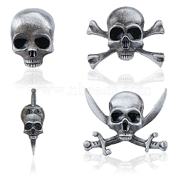 4Pcs 4 Styles Skull Alloy Brooches, Antique Silver, 25~31x9.5~32.5mm(AJEW-FH0005-59AS)