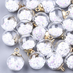 Glass Ball Pendants, with Glitter Sequins and CCB Plastic Findings, Round with Star, White, 21x15.5~16mm, Hole: 2mm(GLAA-T003-08D)