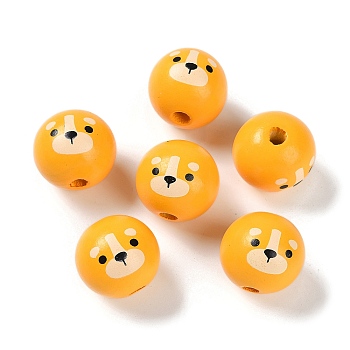 Animal Themes Printed Wood European Beads, Large Hole Round Beads with Dog Pattern, Orange, 19x18mm, Hole: 4mm