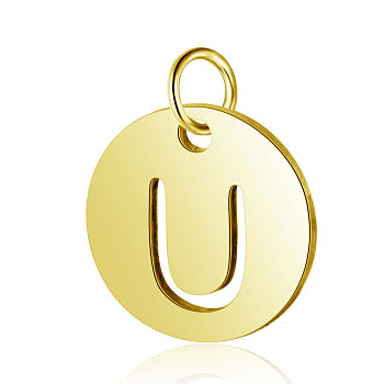 304 Stainless Steel Charms, Flat Round with Letter, Golden, Letter.U, 12x1mm, Hole: 2.5mm