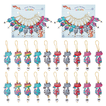 Alloy Enamel Cat with Number Pendant Locking Stitch Markers, Zinc Alloy Lobster Claw Clasps Stitch Marker, Mixed Color, 5.9cm, 10 style, 1pc/style, 10pcs/set