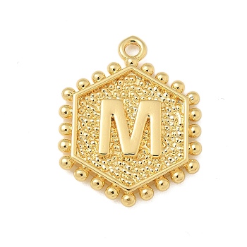 Brass Pendants, Hexagon Letter Charms, Letter M, 20x16x2.5mm, Hole: 1.5mm