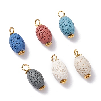 Natural Lava Rock Pendants, with Golden Tone Findings, Dyed, Rice, Mixed Color, 19x8.5mm, Hole: 2.7mm
