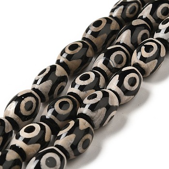 Tibetan Style dZi Beads Strands, Natural & Dyed Agate Beads, Rice, Black, 3-Eye, 13~14x9.5~10mm, Hole: 1.4mm, about 25pcs/strand, 13.58 inch(34.5cm)