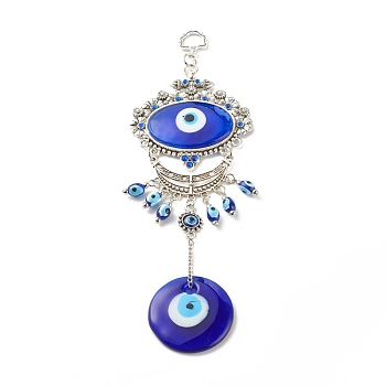 Glass Turkish Blue Evil Eye Pendant Decoration, with Alloy Flower & Moon Design Charm, for Home Wall Hanging Amulet Ornament, Antique Silver, 242mm, Hole: 13.5x10mm