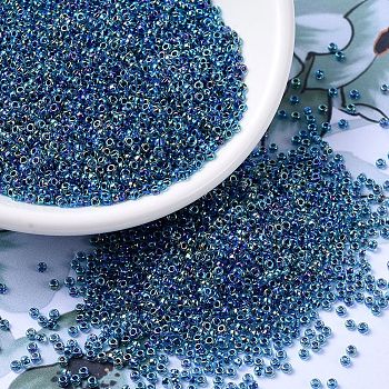 MIYUKI Round Rocailles Beads, Japanese Seed Beads, 11/0, (RR339) Blue Lined Aqua AB, 2x1.3mm, Hole: 0.8mm, about 1111pcs/10g