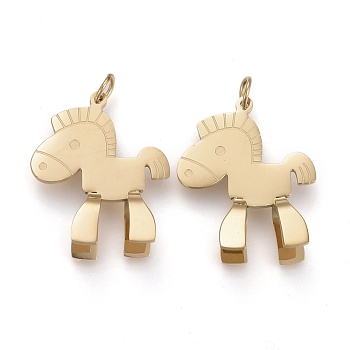Ion Plating(IP) 304 Stainless Steel Pendants, with Jump Ring, Wooden Horse, Golden, 20.5x16.5x7mm, Jump Ring: 4x0.6mm, 2.8mm Inner Diameter