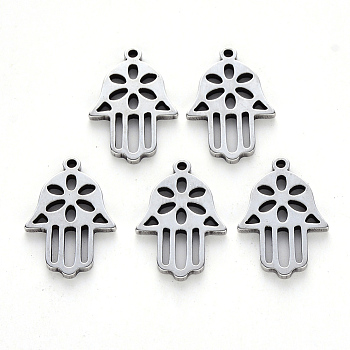 Religion Theme, 201 Stainless Steel Pendants, Laser Cut, Hamsa Hand/Hand of Fatima/Hand of Miriam, Stainless Steel Color, 18x12x1.5mm, Hole: 1.2mm