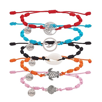 Natural Cowrie Shell & Tree & Turtle & Wave Link Bracelets Set, Braided Knot Lucky Bracelets with Tiny Love Charm for Women, Mixed Color, Inner Diameter: 1-3/4~3-5/8 inch(4.3~9.1cm), 5pcs/set