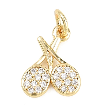 Sports Theme Brass Micro Pave Clear Cubic Zirconia Charms, Racket Charms, Cadmium Free & Lead Free, Real 18K Gold Plated, 13x10.5x2mm, Hole: 3mm