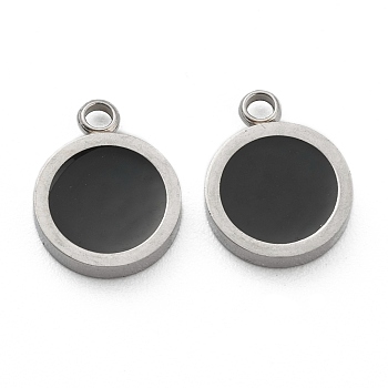 Fashion 304 Stainless Steel Enamel Charms, Flat Round, Black, Stainless Steel Color, 13x10x2mm, Hole: 1.8mm