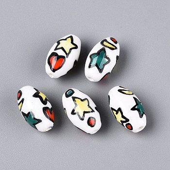 Handmade Porcelain Beads, Hand Painted Ceramic Beads, Oval with Heart and Star, Famille Rose Porcelain, Colorful, 16~17x8.5~10mm, Hole: 1.6~2.2mm