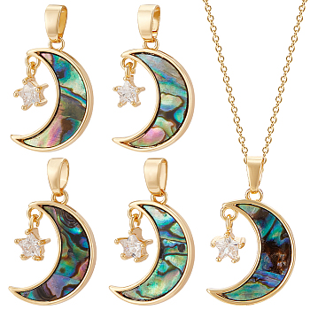 5Pcs Brass Clear Cubic Zirconia Pendants, with Synthetic Abalone Shell/Paua Shells, Moon with Star Charms, Real 18K Gold Plated, Nickel Free, Colorful, 19x13x2mm, Hole: 2.5x5mm
