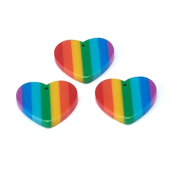 Plastic Stripe Pendants, Rainbow Heart Charms, Colorful, 23x25x4mm, Hole: 1.5mm